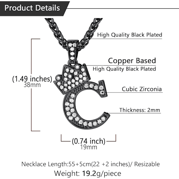 Krone Initial A-Z Halskjede, Iced Out Bokstavanheng med 22-24 Tommers Kjede, Menn Kvinner Bling Hip Hop Alfabet Navn Smykker Gave Store Initialer Halskjeder C Black