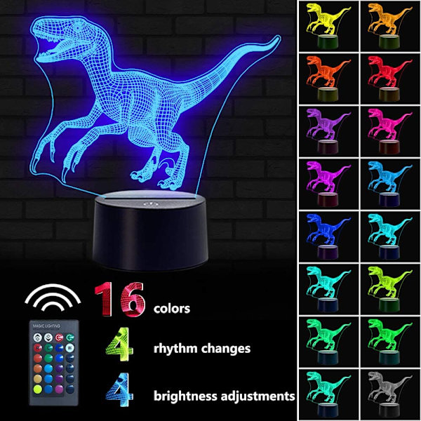Cool 3D Jurassic Dinosaur Nattlampa, LED Velociraptor Rapt