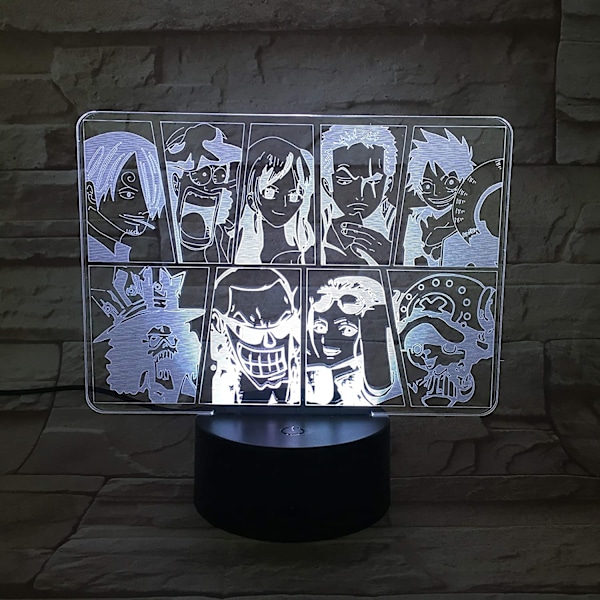 One Piece Luffy 3D Illusions nattlampe med smart berøring, RGB-effekt, USB-kabeldrevet, kreativ 3D japansk anime-lampe