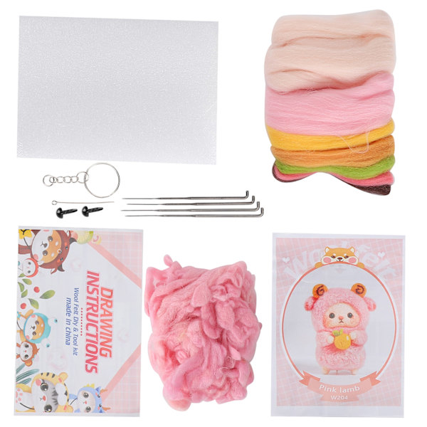 Nålfiltning Färgglad Fårdocka DIY Tillverkningsmaterialpaket med Ritningar och Poke Tool204# Rosa