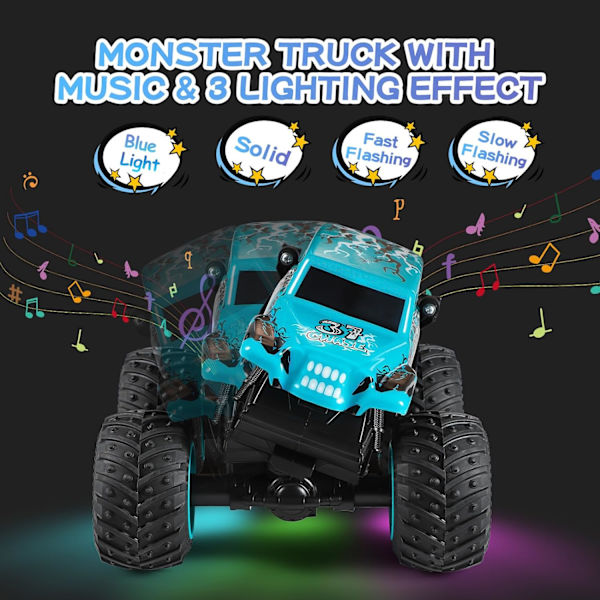 Fjärrstyrd bil, 2,4 GHz terränggående monstertruckleksaker, RC-bil med musik, 3 ljuseffekter, 360 stuntförmåga, leksakspresenter till pojkar och flickor Blue