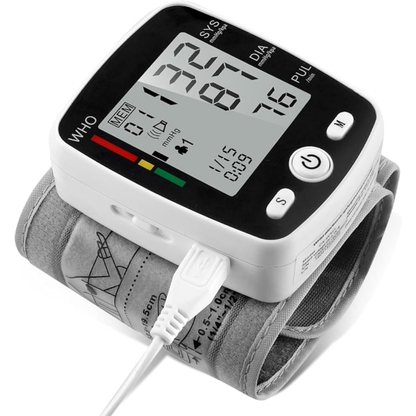 Blodtryksmåler, håndledsblodtryksmanchetmonitor med USB-opladning, automatisk digital BP-maskine, stemmeudsendelse, stor skærm