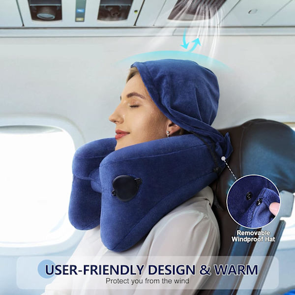 Nackkudde för resor Uppblåsbar flygplansdyna Stöder bekvämt huvud, nacke och haka, uppblåsbar resedyna med mjuk velouröverdrag, hatt, bärbar Blue with Hat