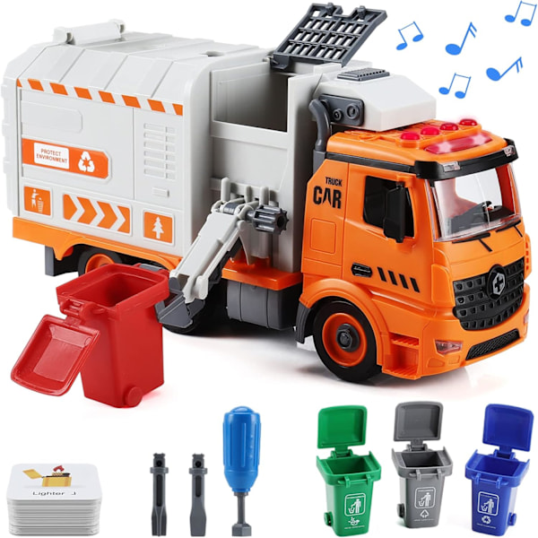 Sopbil Toys, DIY Realistisk Återvinnings Sopbil Leksak med Ljus och Ljud, 4 Soptunnor, Presenter för 3 4 5 6 7 8 År Gamla Pojkar Flickor