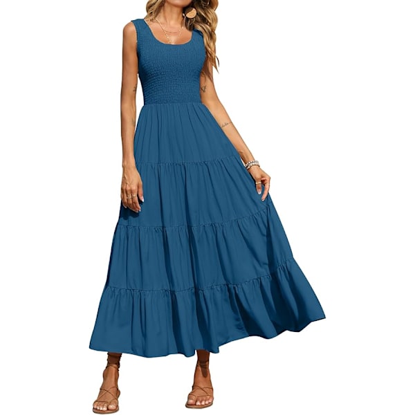 Dame 2025 Casual Løs Ensfarget Maxi Sommerkjole Smock Tank Kjole Ermeløs Sommer Strand Lagdelt Lange Kjoler L