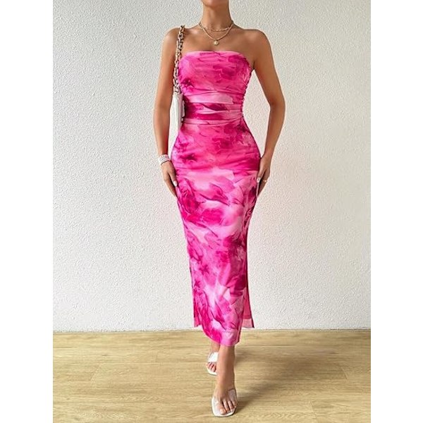 Sommerkjole til kvinder med print, stropløs tube top kjole, bodycon maxikjole med sideslids og lag af mesh L