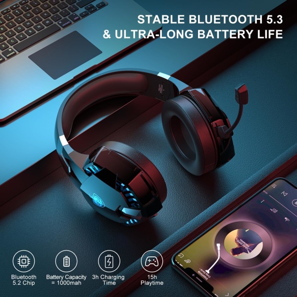 PS4 Gaming Headset for PS5, PC, Switch, G2000 Pro Bluetooth Wireless Over Ear-hodetelefoner for telefon, bærbar PC, med avtakbar støyreduksjonsmikrofon, Ste Blue