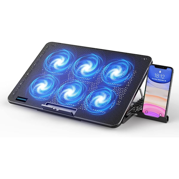 Bærbar kølepude, bærbar køler med 6 stille ventilatorer til 12-17 tommer bærbar computer gaming ventilator stabil stand, 7 højde og vindhastighed justerbar, 2 USB-port og P