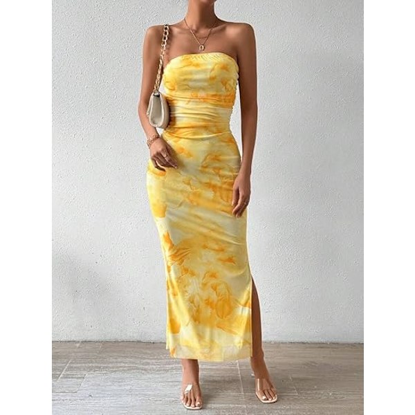 Sommerkjole til kvinder med print, stropløs tube top kjole, bodycon maxikjole med sideslids og lag af mesh M