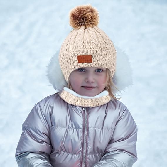 Vintermössa, Halsduk och Vantar Set för Barn, Toddler Vintermössa Stickade Vantar Halsvärmare med Fleecefodrad för Barn 2-5 År Beige