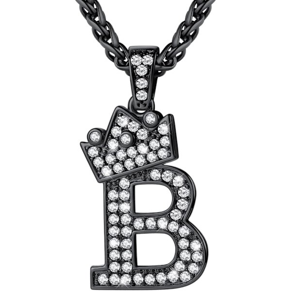 Krone Initial A-Z Halskæde, Iced Out Bogstav Vedhæng med 22-24 Tommer Kæde, Mænd Kvinder Bling Hip Hop Alfabet Navn Smykker Gave Store Initialer Halskæder B Black