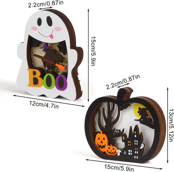 2 st träbelysta pumpaspöklampor – Halloween bordsdekorationer med skuggbox