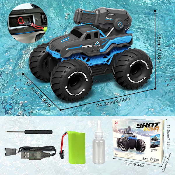 Amfibioinen Kaukosäädöllä Ohjattava Auto, Vesi- ja Maastotemppuauton Leikki, Vedenruiskutusaseella, Sopii Kaikille Maastoille 4WD Off-Road Auton Lahjat Lapsille Blue