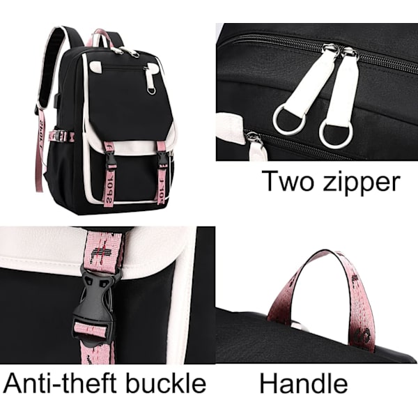 Ryggsäck för tonårsflickor, mellanstadieelever, utomhusryggsäck med USB-laddningsport (21 liter, vit svart)