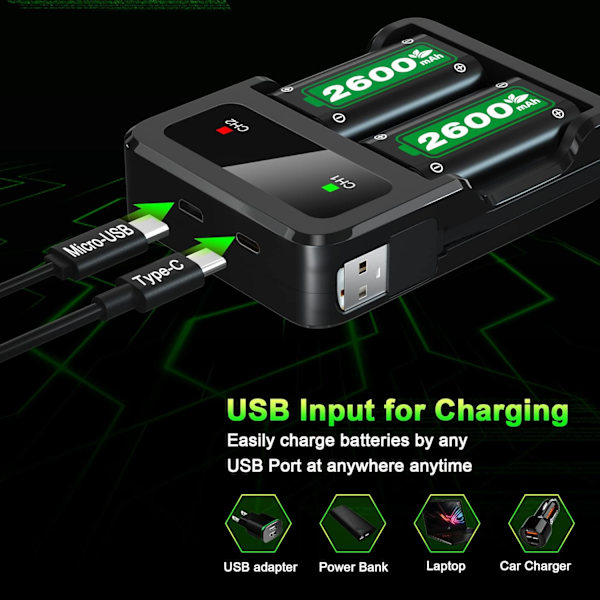 Oppladbart batteripakke for Xbox Series X|S/Xbox One, 2x2600mAh batterier med hurtigladestasjon for Xbox One S/Xbox One X/Xbox One Elite