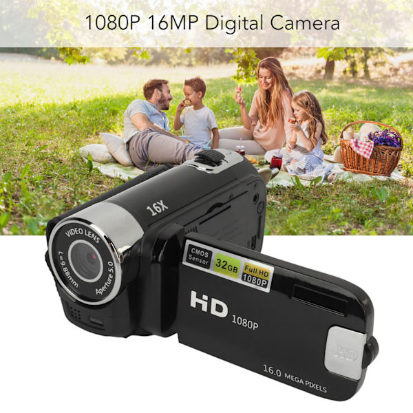D90 1080P 16MP Digitalkamera 2,4 tum roterbar skärm Videokamera 16X zoom HD videobandspelare med fyllningsljus Black