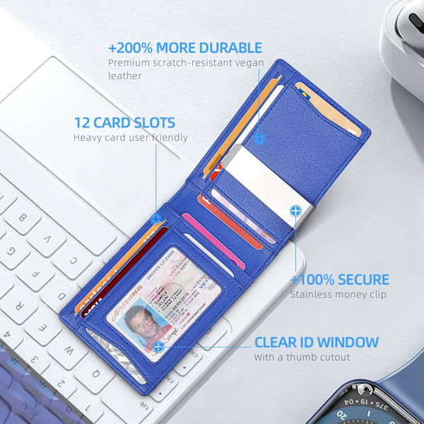 Pengepung til Mænd - med Pengeclips Slank Læder Slots Kreditkort Holder RFID Blokering Bifold Minimalistiske Punge, Overraskelsesgaver til Mænd Blue