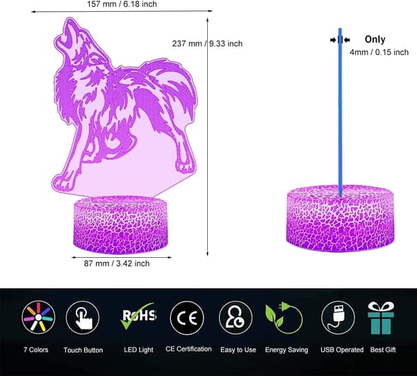 3D Ulv Lampe Illusionsnattelys LED Ulv Skrivebordslamper 7 Fargeendring Berøringskontroll
