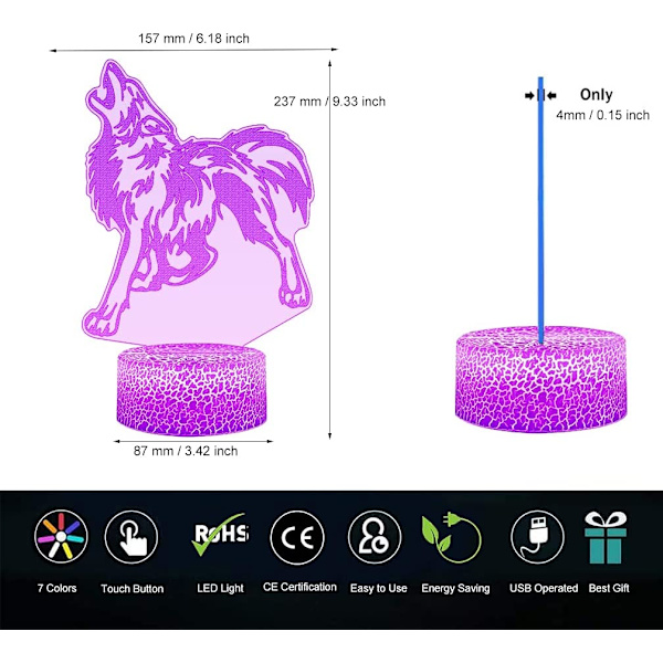 3D Varglampa Illusion Nattljus LED Varg Bordslampa