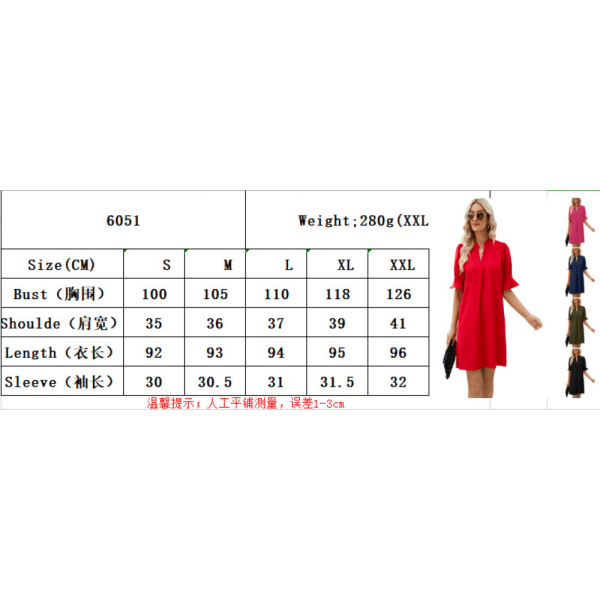 Hals Kortærmet Midikjole Casual Løs Shift Kjole (Rød L)