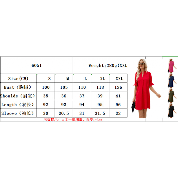 Hals Kortærmet Midikjole Casual Løs Shift Kjole(Rød M)