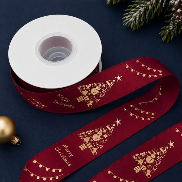 Bourgogne God Jul-band för presentinslagning Wine red-Christmas tree