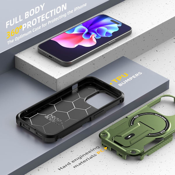 Magnetisk iPhone-etui med Stativ, Kompatibel med MagSafe, Robust Indbygget Støttefod, Militær Grade Støddæmpning til iPhone Green iPhone 13 Pro Max