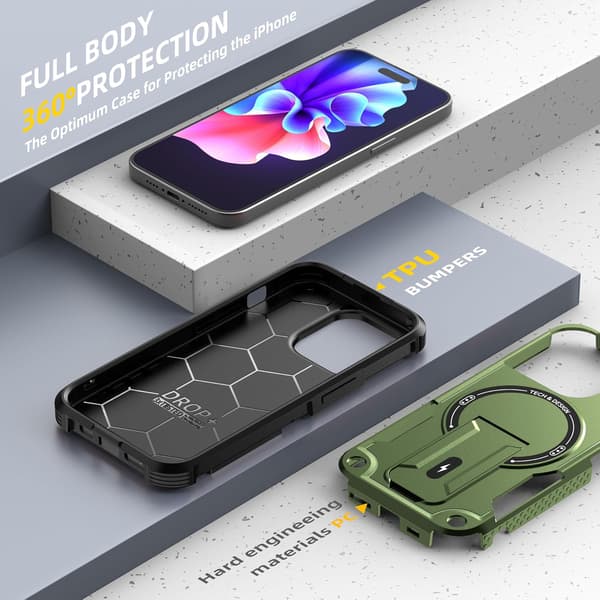 Magnetisk iPhone-etui med stativ, kompatibel med MagSafe, robust innebygd støtte, militærgradert fallbeskyttelse støtsikker for iPhone Green iPhone 13 Pro Max