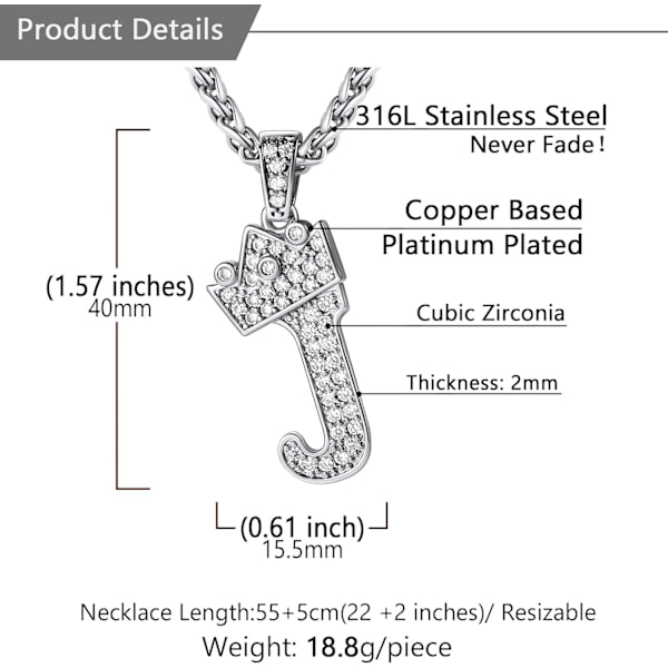 Krone Initial A-Z Halskjede, Iced Out Bokstavanheng med 22-24 Tommers Kjede, Menn Kvinner Bling Hip Hop Alfabet Navn Smykker Gave Store Initialer Halskjeder J Silver