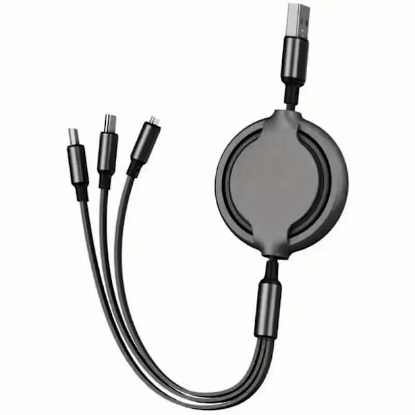 3-i-1 Retraktil Laddningskabel [3A, 1m] Multi USB-kabel Snabbladdare för Telefon, Samsung, iPad, Surfplattor, Switch och Mer Black