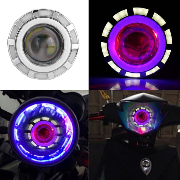 Motorsykkel LED-frontlys Projektorlinse Dobbel Angel & Devil Eye Rund Blå/Hvit