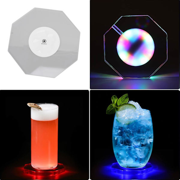 LED Coaster Transparent 3 Modes IP65 Vandtæt Batteridrevet Ottekantet Akryl RGB Lys Op Coaster til Fest 2stk diamond