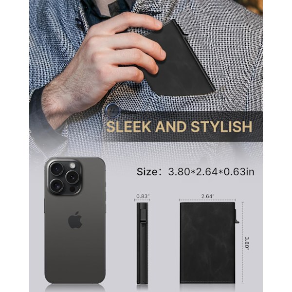 Plånbok för män med kortfodral: Pop-up aluminiumfodral, premium äkta läder, smart, RFID-blockering, slimmad, minimalistisk, framficka - Kapacitet för 9-14 kort | I ‏‏‎ ‎‎Black