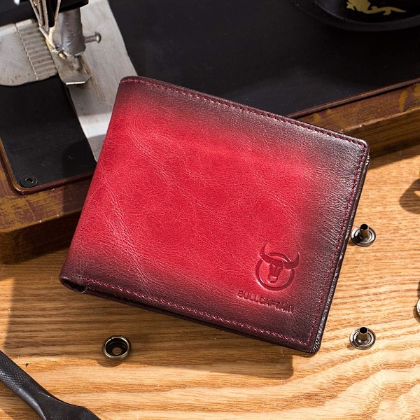 RFID-punge til mænd - Slank Bifold ægte læder pung til forlommen med 2 ID-vinduer QB-05 (Crimson) Crimson