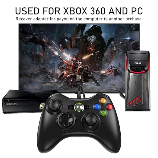 X-Box 360 Controller Wired, Gamepad Controller med ledning til Microsoft X-Box 360 & Slim Console og PC Windows XP/7/8/10, med opgraderet joystick