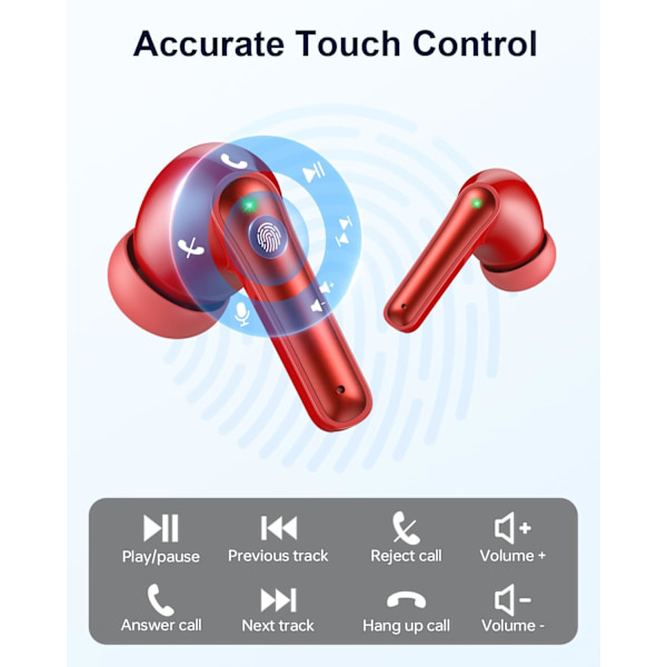 Langattomat nappikuulokkeet Bluetooth-kuulokkeet, 40 tunnin toistoaika Stereo IPX5 vedenpitävät nappikuulokkeet, LED-virranäyttö Langattomat nappikuulokkeet mikrofonilla Red