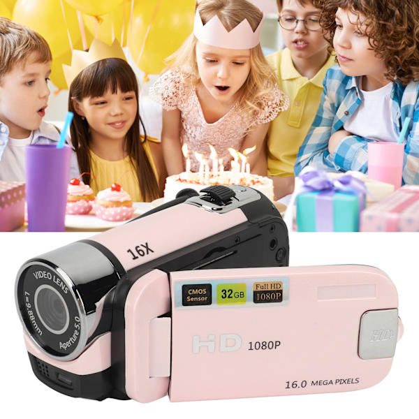 D90 1080P 16MP Digitalkamera 2,4 tum roterbar skärm Videokamera 16X zoom HD videobandspelare med fyllningsljus Pink