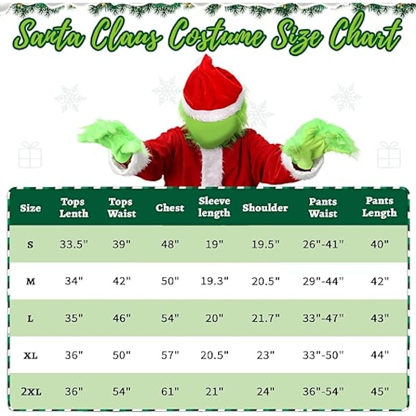 Julenissens Grønne Monsterkostyme for Voksne Menn 7 deler Deluxe Jul Cosplay Kostyme Pelsantrekk Santadrakter M