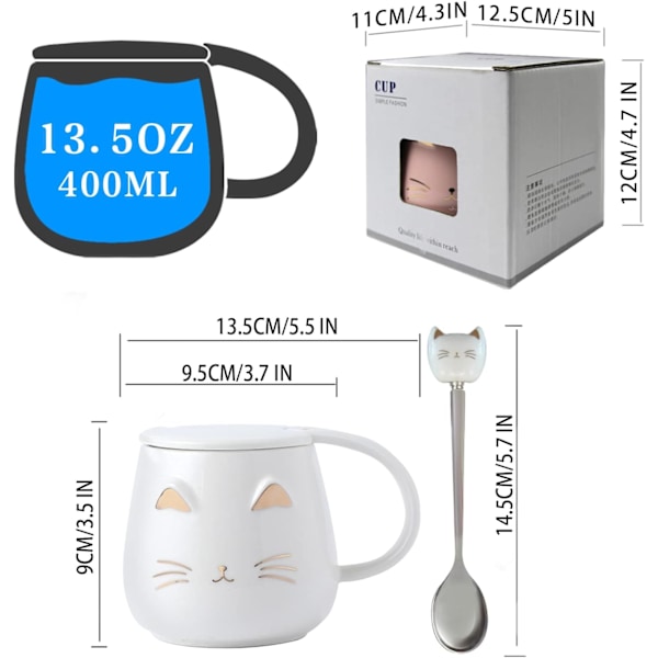 Katt Krus Søt Kaffekrus gave til katteelskere Keramisk Kopp, Nyhet Krus med Lokk og Rustfritt Stål Skje, Jule Bursdagsgaver P White