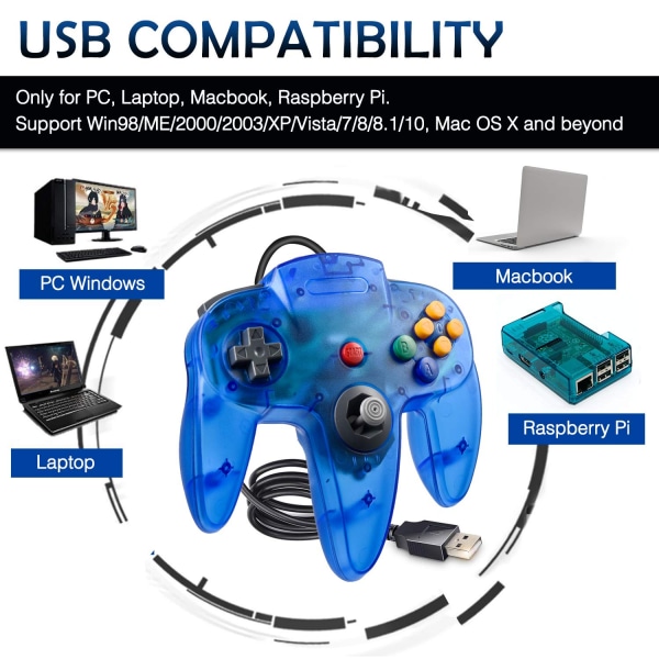 Klassisk USB kontroll för N64 Gaming, USB Retro N64 Gamepa Blue