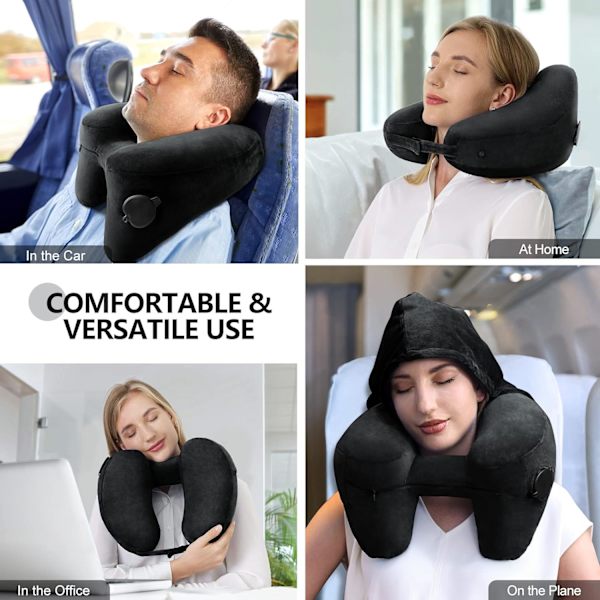 Nackkudde för resor Uppblåsbar flygplansdyna Stöder bekvämt huvud, nacke och haka, uppblåsbar resedyna med mjuk velouröverdrag, hatt, bärbar Premium Black with Hat