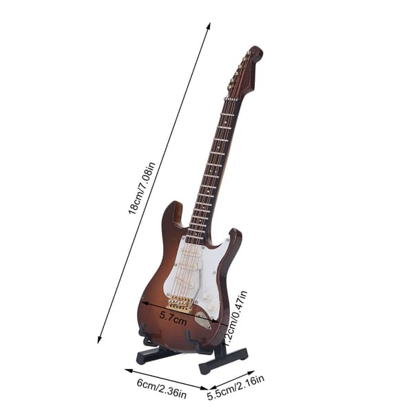 Miniatyr elektrisk gitarr kaffe färg 7.1in lång trä belagd yta mini gitarr modell med hållare låda för bord