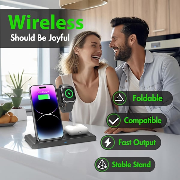 Trådløs oplader iPhone opladningsstation: 3 i 1 opladerholder til flere enheder til Apple-iPhone 15 14 Pro Max 13 12 11-iPhone Watch-Airpods 3 2 Pro.