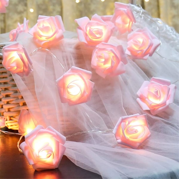 LED Rosa Ros Blomster String Ljus Batteridriven för Bröllop Pink 40LED