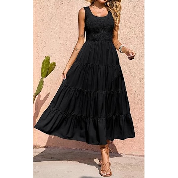 Dame 2025 Casual Løs Ensfarget Maxi Sommerkjole Smock Tank Kjole Ermeløs Sommer Strand Lagdelt Lange Kjoler L