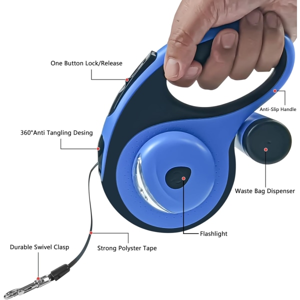 Retraktionsbar hundkoppel med avfallspåsehållare och ficklampa, 16ft hundkoppel för små medelstora hundar upp till 66 pund, en knappsbroms och lås, 360° trasselfri 16ft blue Large