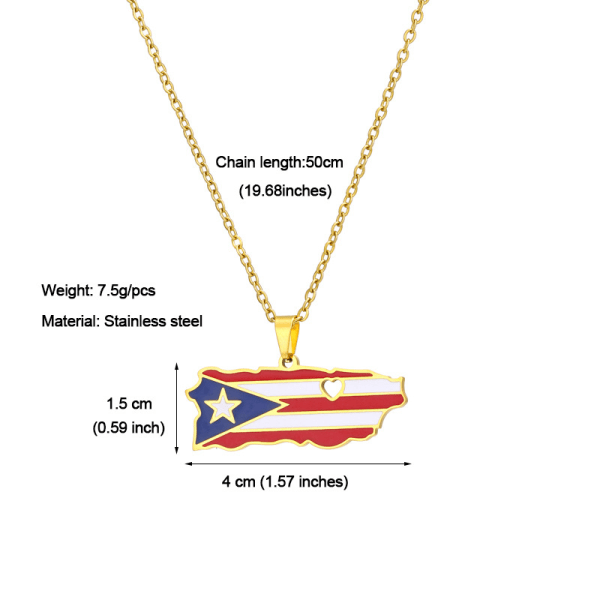 Rostfritt stål Puerto Rico Heart Map hänge halsband, Fash