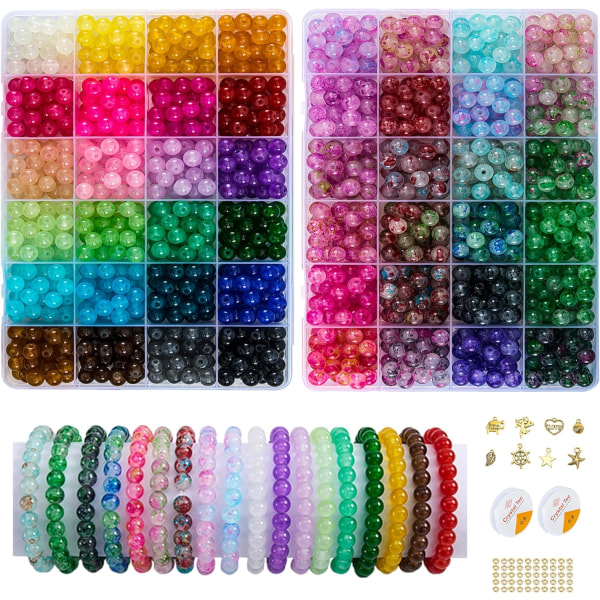 【2-pack】 Mer än 1300 st runda glaspärlor för smyckestillverkning, 48 färger 8 mm kristallpärlor för armband Smycketillverkning och gör-det-själv hantverk, 2 runda lådor