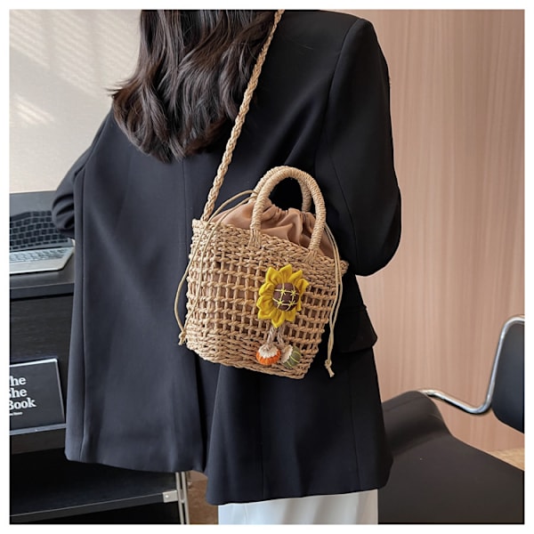 Lille halm spand tasker til kvinder sommer crossbody tasker dame rejse pung og håndtasker kvindelige skulder messenger taske khaki sunflower