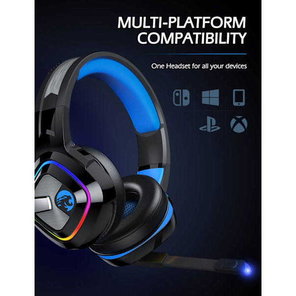 Gaming Headset PS4 Headset, Xbox One Headset med støydempende mikrofon og RGB-lys, PC-headset med stereosurroundlyd, over-ear-hodetelefoner for P
